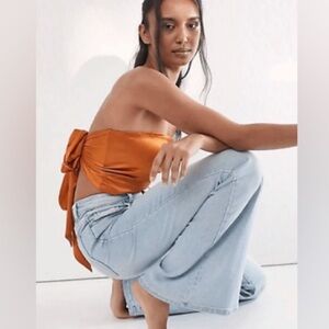 Free People Satin Wrap Tube Top Blouse teal